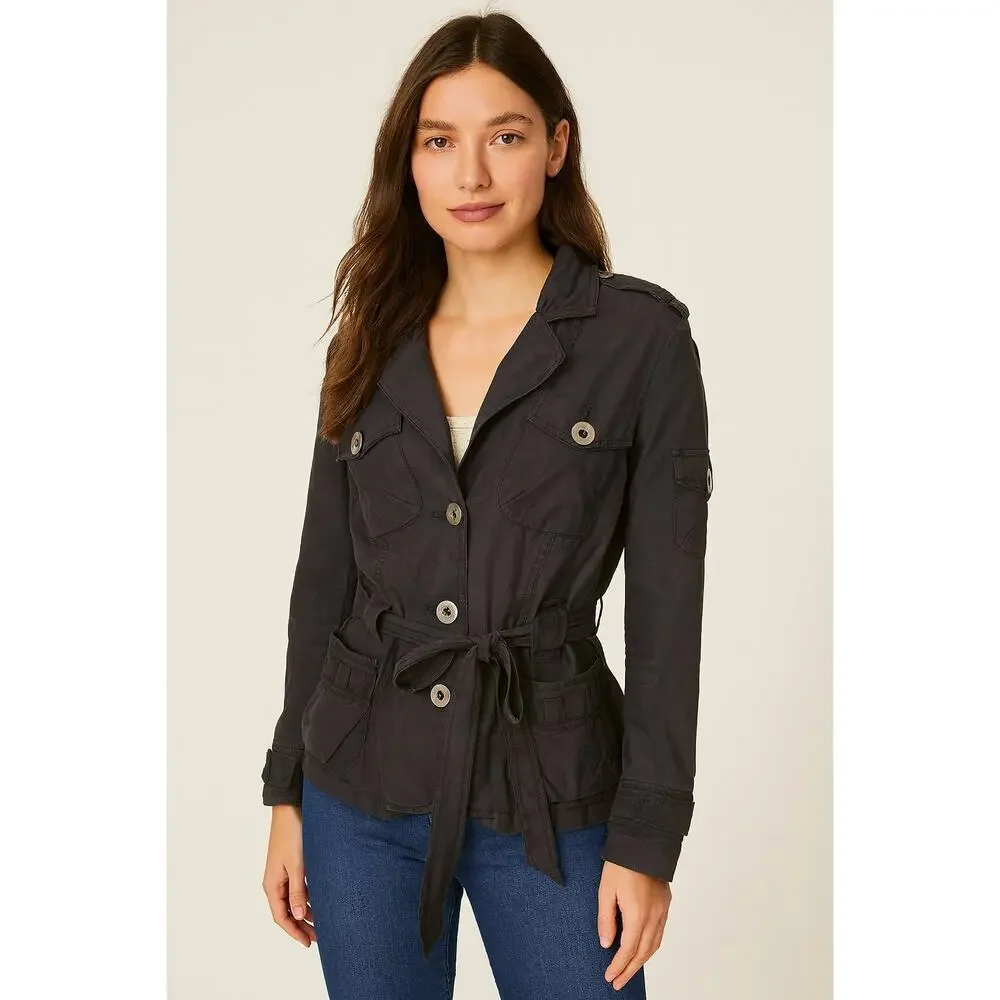 MEXX sz 10 black moto cargo grunge tie waist jacket button front EUC chic black